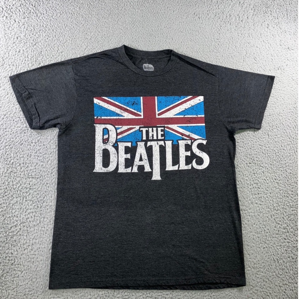 The Beatles Graphic T-Shirt Men L Charcoal Union Jack British Flag Band Tee Y2K